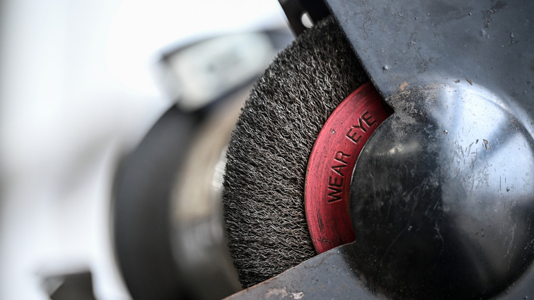 Closeup on wire bench grinder wheel