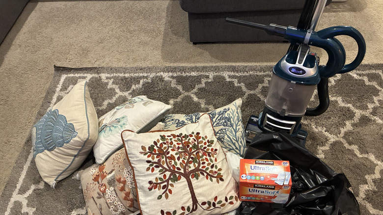 Throw pillows and supplies for DIY freshening hack