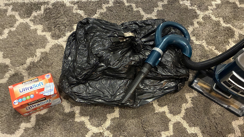 Throw pillows in garbage bag with vacuum and dryer sheets