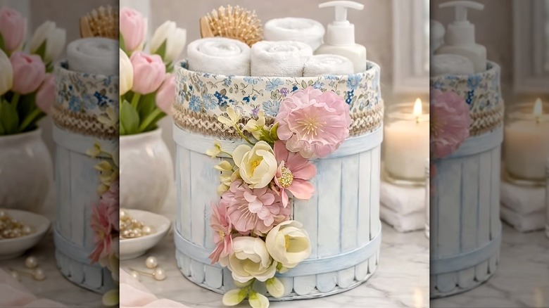 A stylish DIY storage container made from a tin can, craft sticks, fabric, and embellishments