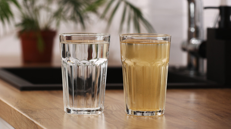 two glasses of water on a wood counter, one that is clear and clean and another that is brown and murky