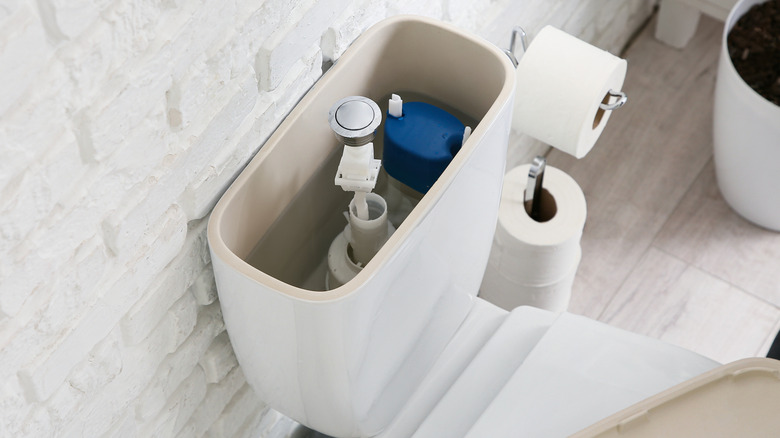 a top-down view of a white toilet with the tank lid removed, revealing the internal parts