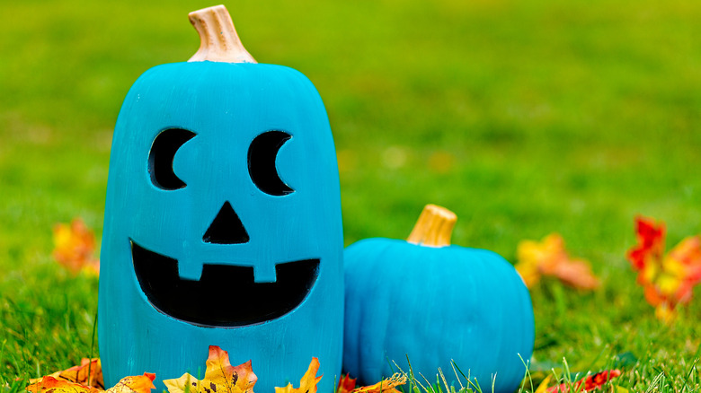 teal and black painted jack-o-lantern sitting on the grass