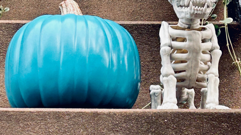 a teal plastic pumpkin next to a skeleton dog on steps