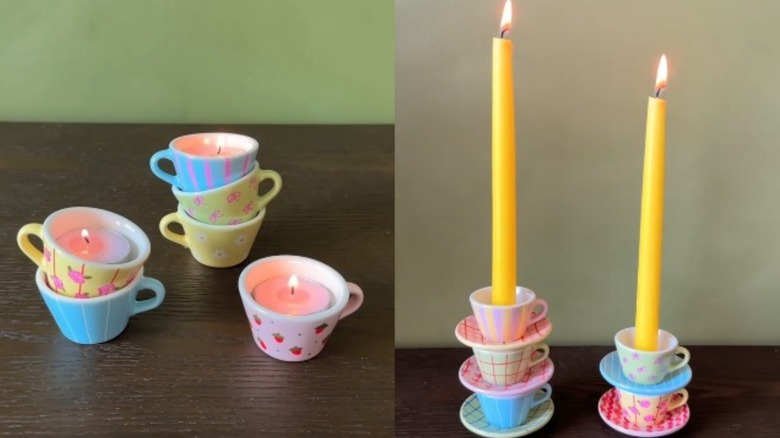 Two images of mini teacups DIY candleholders with candles inside