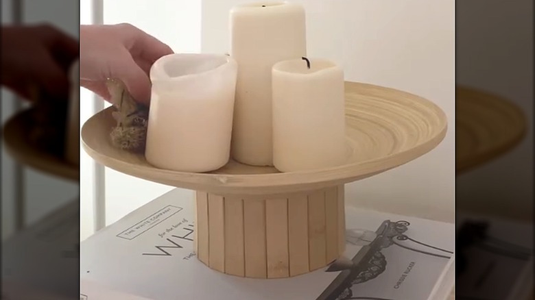 DIY IKEA pedestal bowl made from armrest and dish with coffee table decor