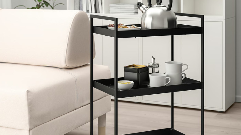 Mugs and cups stored in an IKEA utiltiy cart