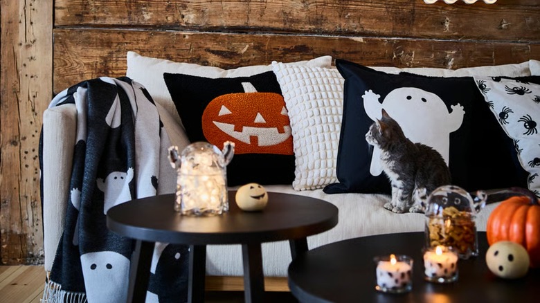 Carved pumpkin and ghost cushions on a couch with a cat looking on