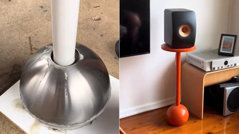 A splitview of a speaker stand being assembled and the finished orange stand