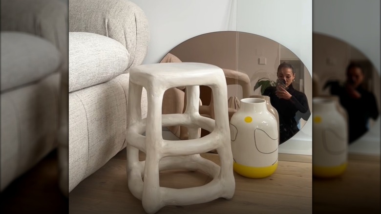 Modified MARIUS stool with paper mache coating it to create a designer-style stool