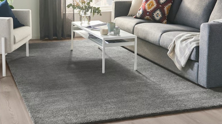 A thin, gray rug is spread in front of a sofa in a living room