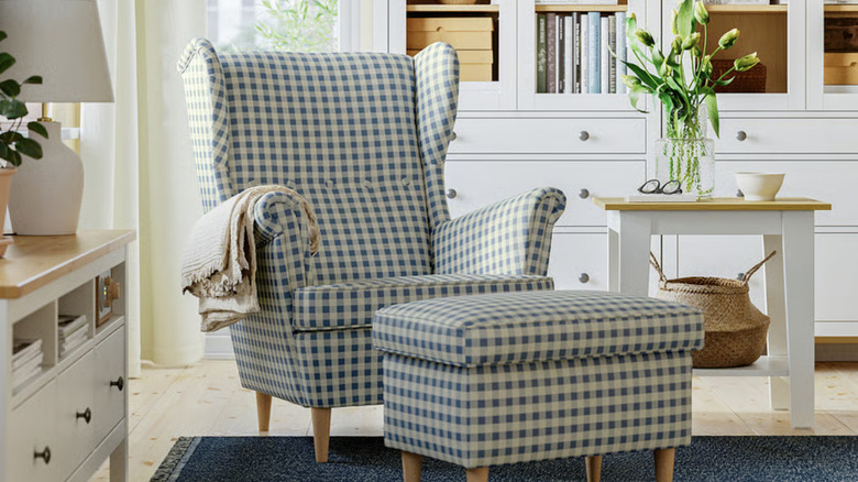 IKEA STRANDMON Wing chair and ottoman in blue and tan gingham