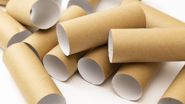 Empty toilet paper rolls are stacked on top of each other