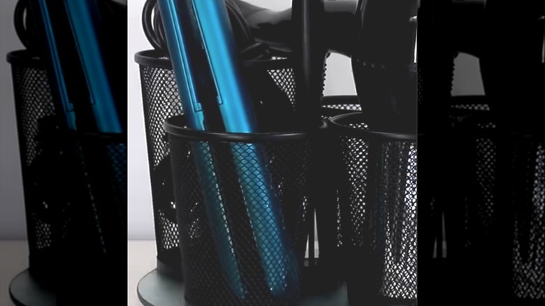 Hair accessories in DIY caddy made from Dollar Tree items