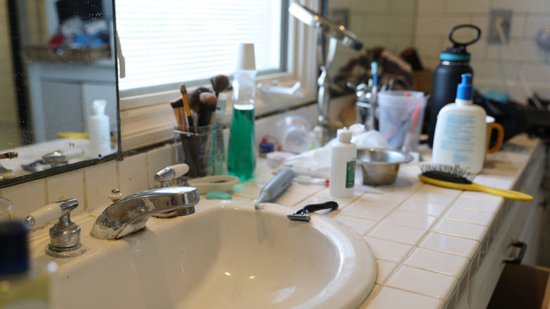 Messy bathroom counter