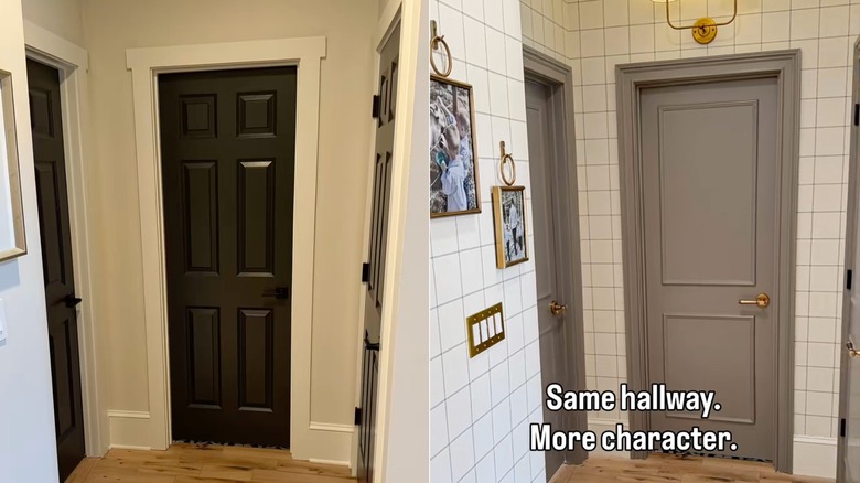 Before and after shots of modifying outdated interior doors with molding and MDF panels