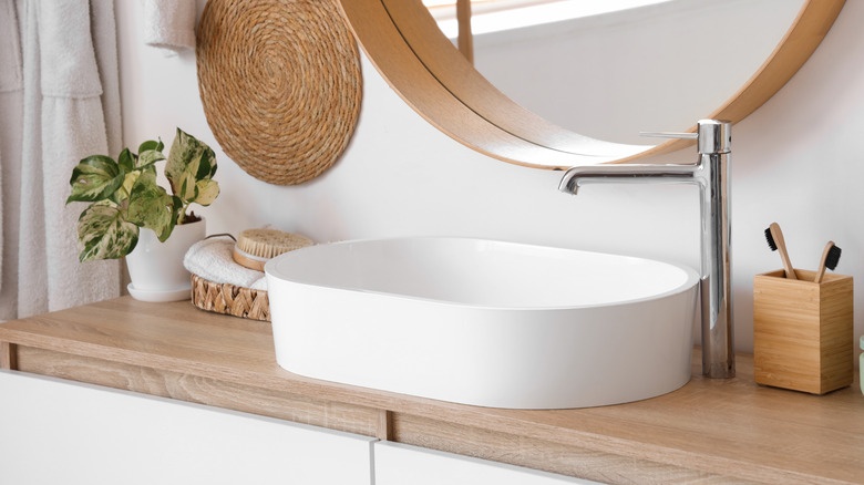 modern bathroom with bamboo wood countertop