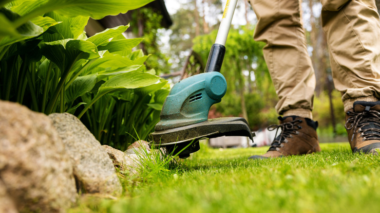 A man tending to the garden with a string trimmer