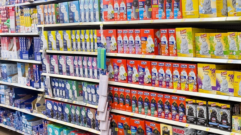 Great Value and other brands of trash bags on Walmart shelves