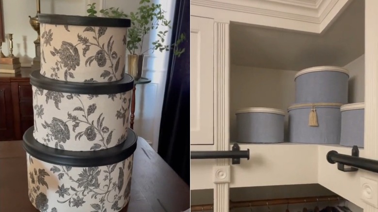 A before and after of thrifted hat boxes covered in fabric and embelleshments