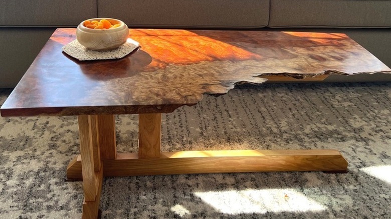 A turned wooden bowl of mixed hardwoods with a shellac finish