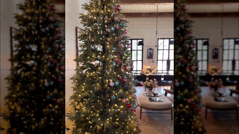 A side view of Joanna Gaines' Christmas tree, which only has ornaments on the front
