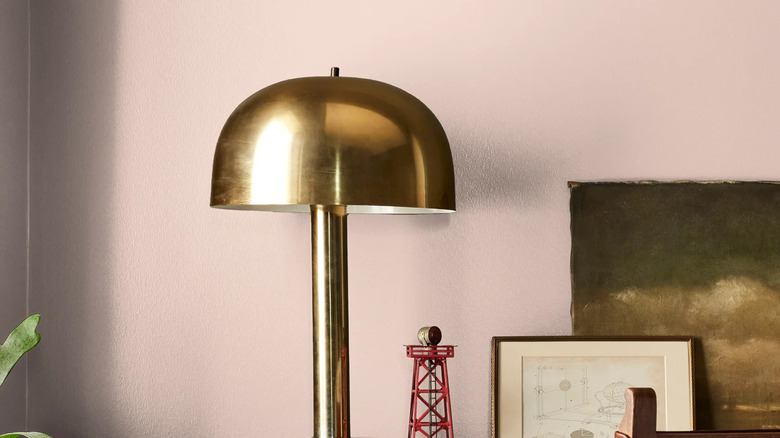 an office wall painted in Magnolia Home's Ella Rose pink paint