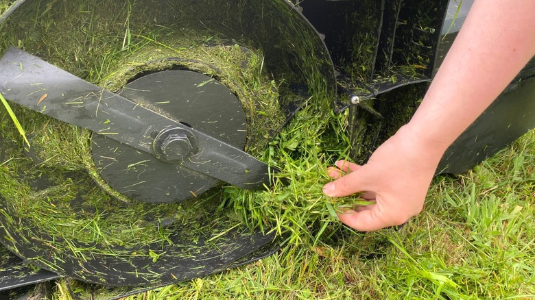 Person removing clumps of grass stuck to underside of lawnmower