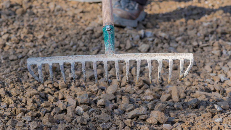 A well-used stone or bow rake above a bed of gravel with a person's booted foot in the background