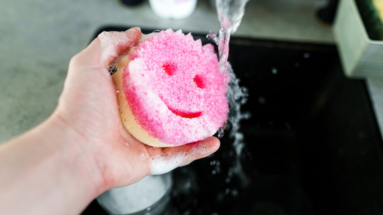 Using a Scrub Daddy sponge at the sink.