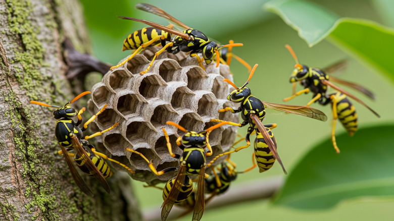 Paper wasps building a nest on a tree