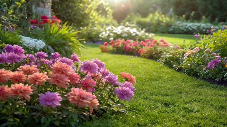 Colorful flowers planted in beds in a yard