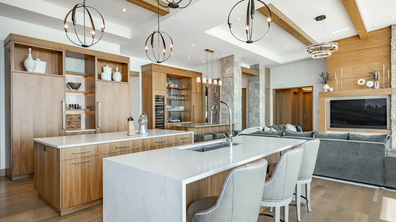 Modern kitchen displaying multiple island design trends