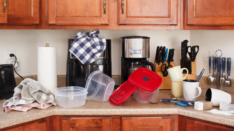 A messy kitchen countertop