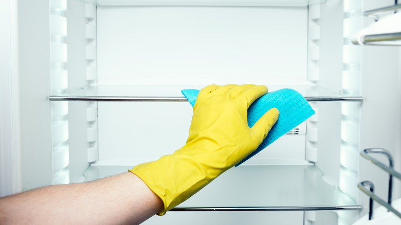 A yellow rubber gloved hand wipes refrigerator shelves with a blue rag