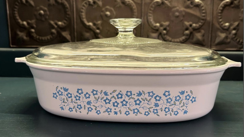 A casserole dish with the Blue Heather pattern
