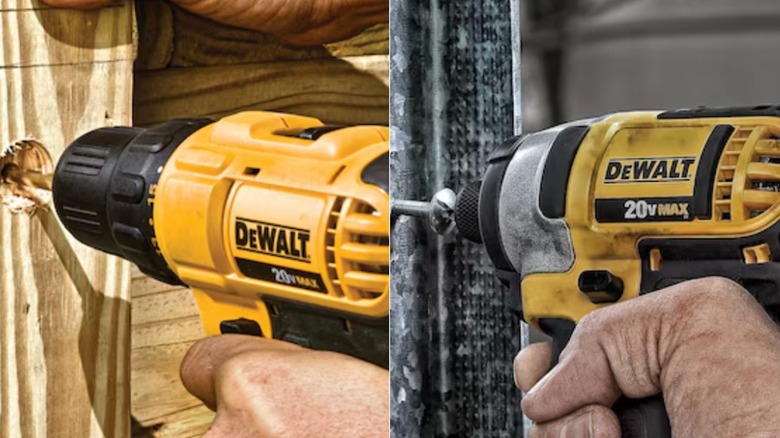 Split image: DeWalt drill on left; impact driver on right