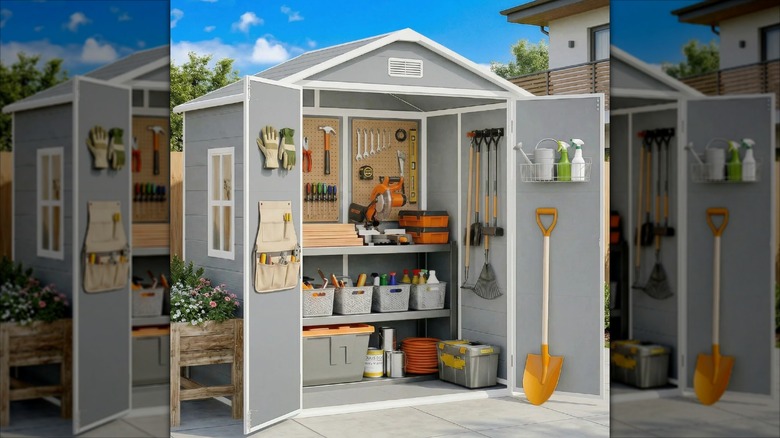 Person standing in Lofka 6-by-4 shed filled with tools