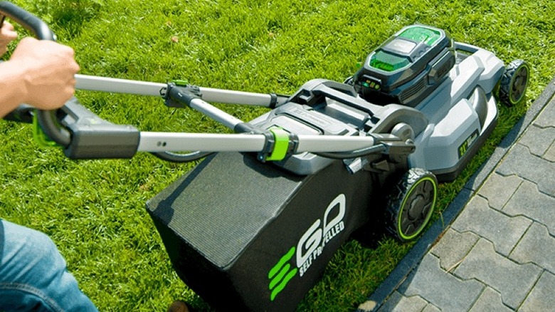 An overhead view of hands pushing a mower in the grass next to a path