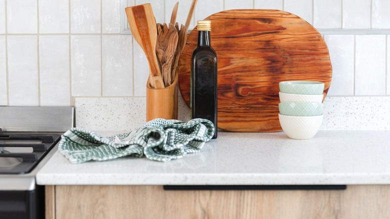 kitchen dish towel tossed on a kitchen countertop