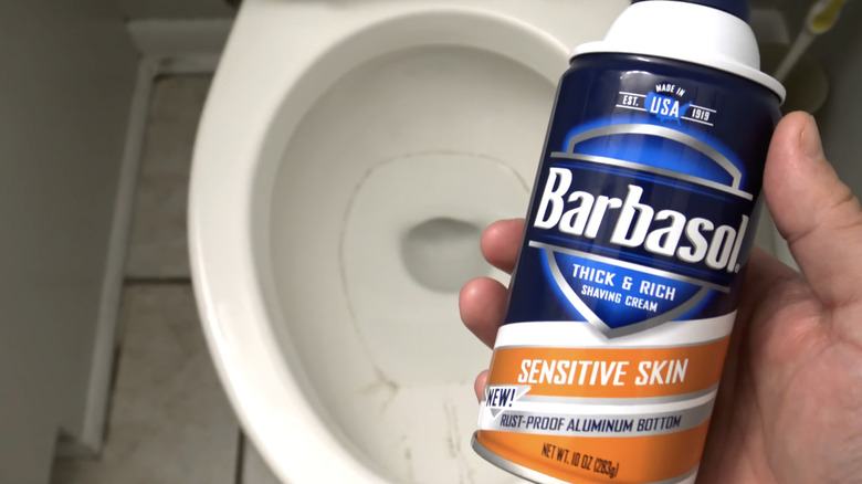 holding shaving cream above toilet