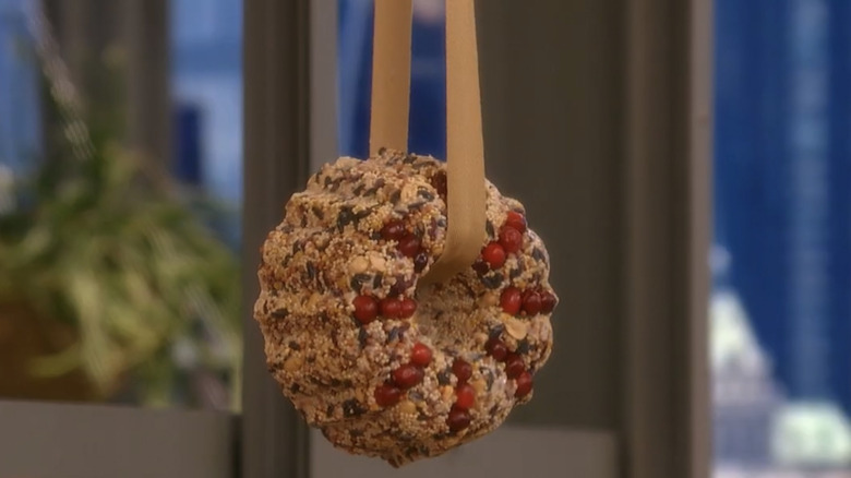 A cranberry-studded bird seed suet wreath hangs from a gold ribbon