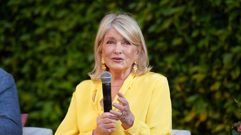 Martha Stewart speaking at a Netflix event in a garden