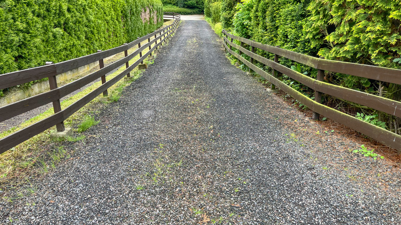 Perfect long gravel driveway with fence on either side