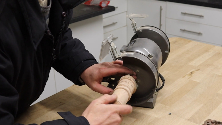 Attaching a workpiece to a lathe made from a bench grinder