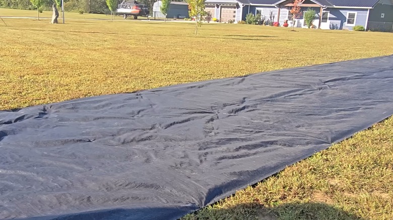 Black stabilization fabric laid over grass in front yard leading up to home