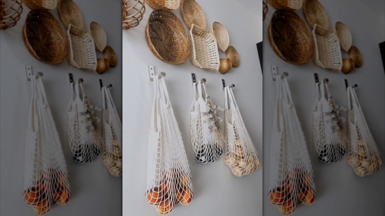 mesh bags hanging on wall