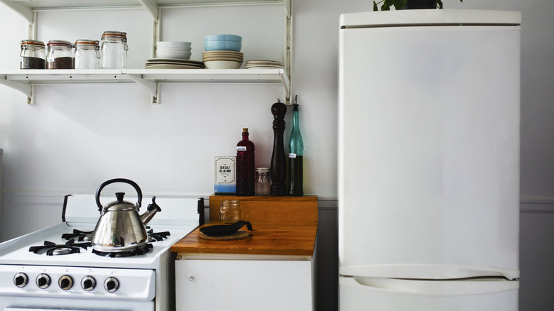 A basic kitchen setup with a white stove and refrigerator, with shelves and plates.