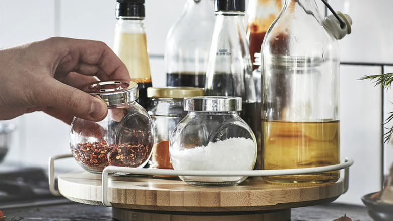 Basic lazy susan from IKEA with spices on it