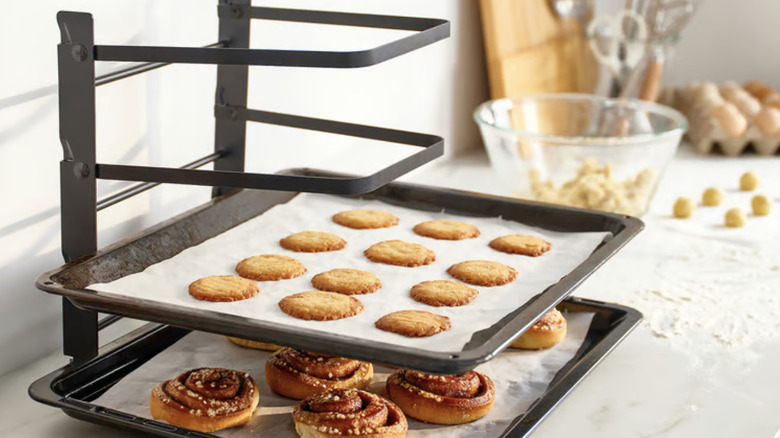 IKEA baking sheet rack on a marble countertop